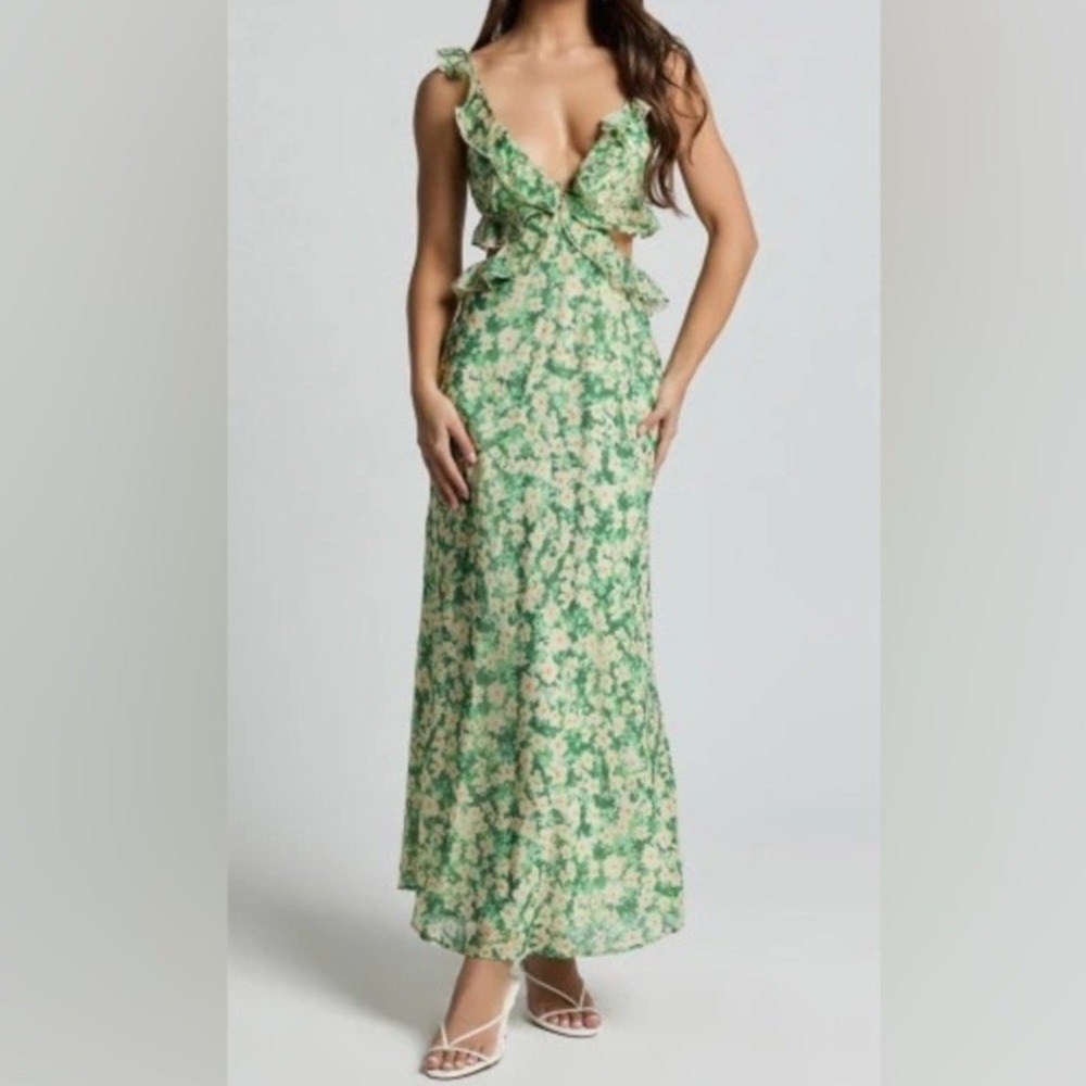 NWT One and Only Collective Women's Green Floral Ruffle Trim Maxi Dress - L